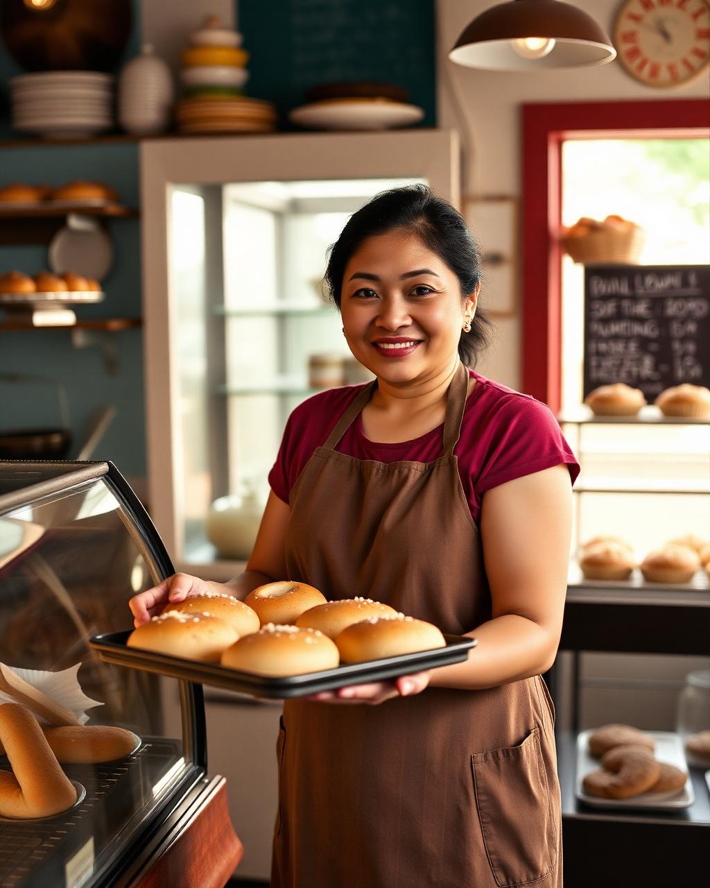 Caribbean bakery owner holding a tray of fresh bread
