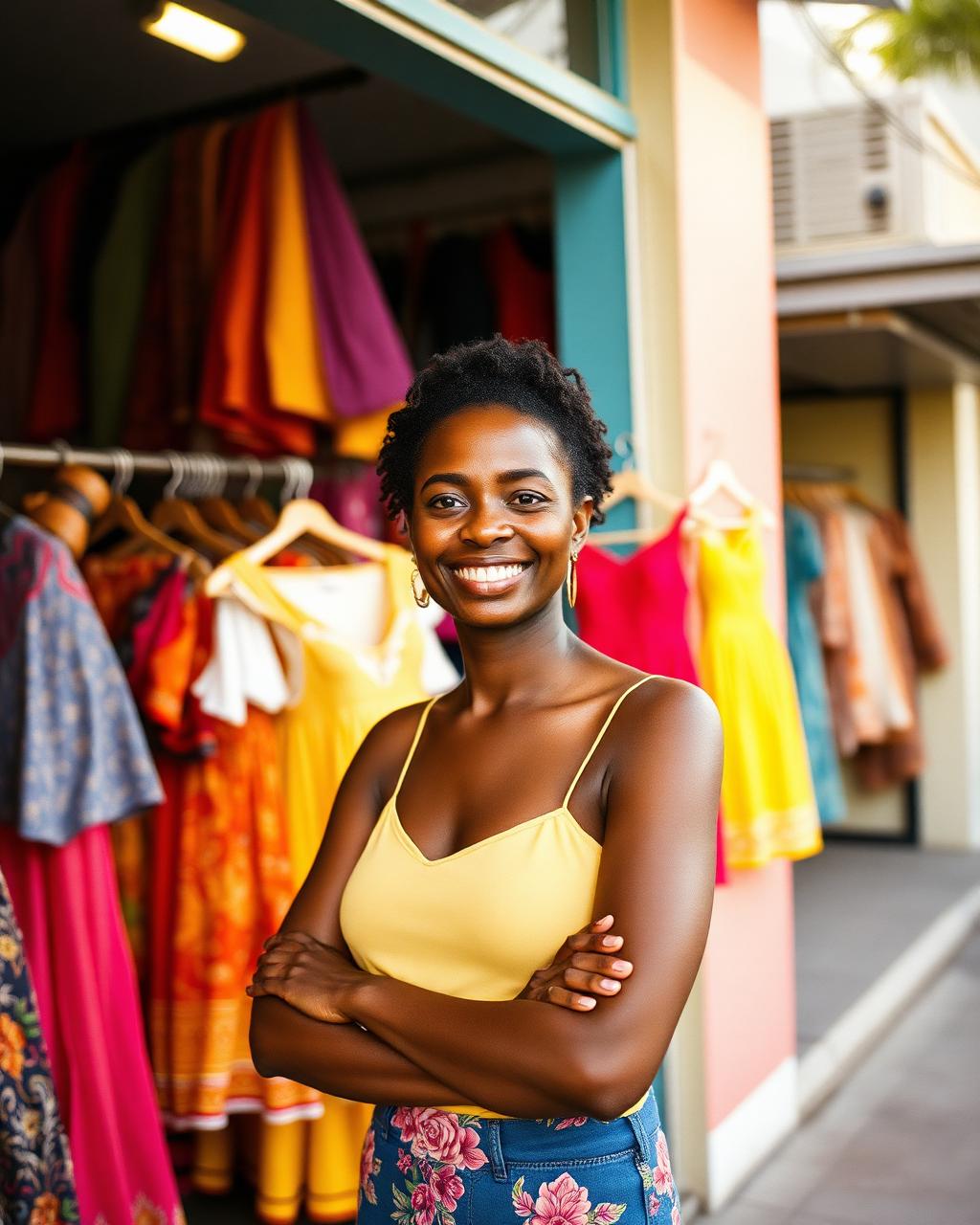 Caribbean boutique owner outside her shop