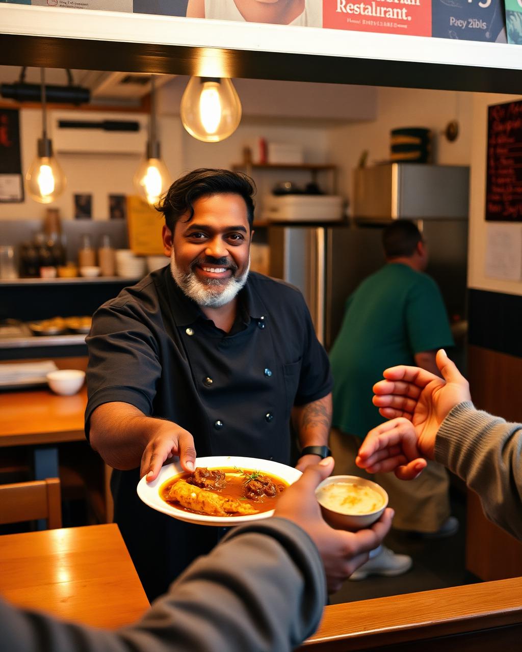 Indo-Caribbean restaurant owner serving a customer