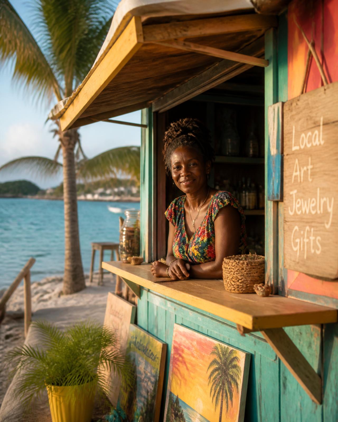 A Caribbean shop owner at her beachfront stall